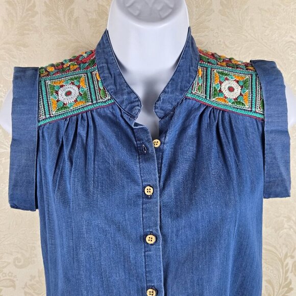 Earthbound Trading Co Size Small Chambray Tie Front Blouse Embroidered Yoke - Picture 2 of 12